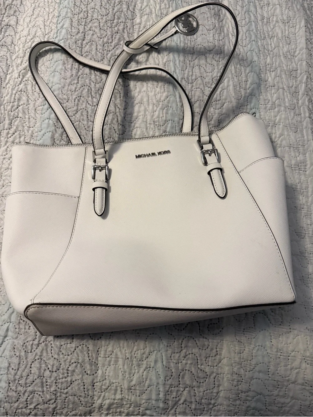 Michael Kors White Saffiano Tote with Silver Hardware